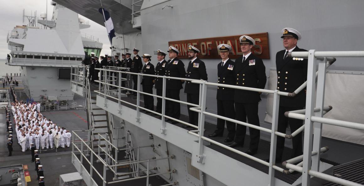 HMS prince of Wales Ships Company line up on way into Portsmouth