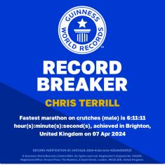 Renowned filmmaker, Chris Terrill Sets World Record for Fastest Marathon on Crutches while raising money for Royal Navy & Royal Marines Charity
