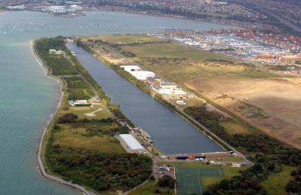 Aerial of Horsea Island and lake, Portsmouth. An over fly of the diving lake at Horsea, taken during 2002